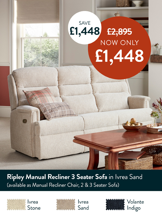 Ripley 3 Seater Manual Recliner Sofa in Ivrea Sand